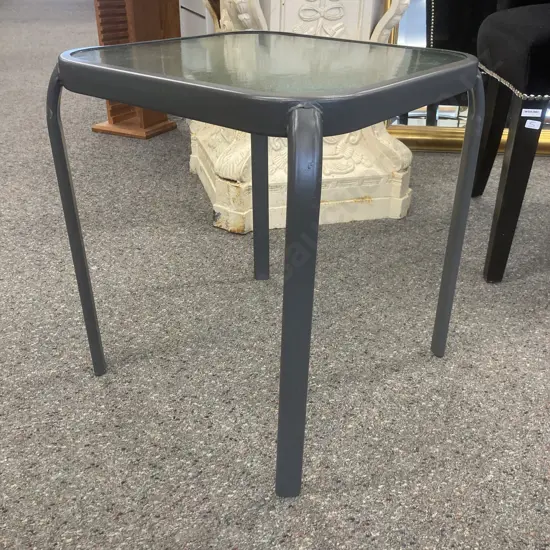 Painted Grey Outdoor Table With Glass Top, H45 W41 D41cm
