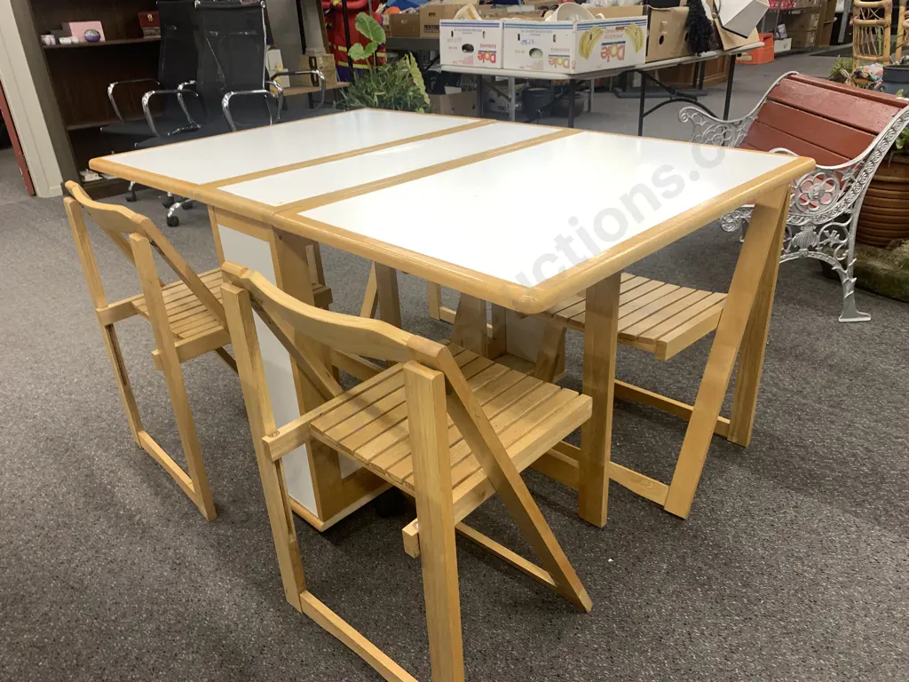 Folding Table Set Drop Leaf With Four Chairs On Castors White With Wood Detail Image 1++