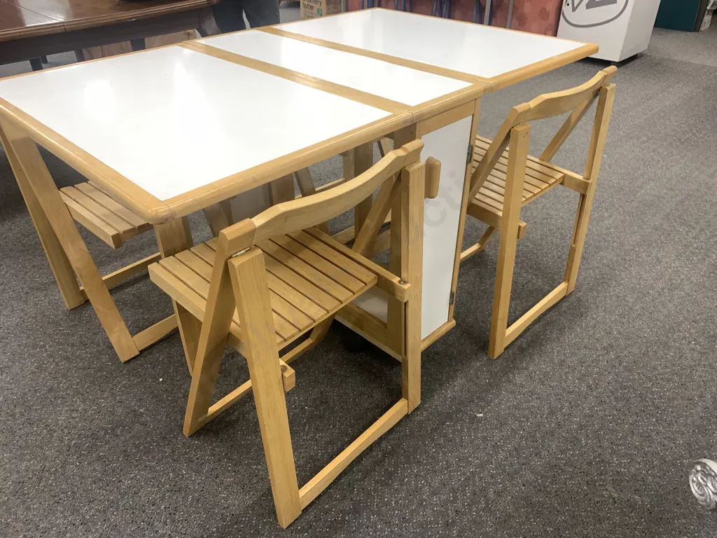Folding Table Set Drop Leaf With Four Chairs On Castors White With Wood Detail Image 1++