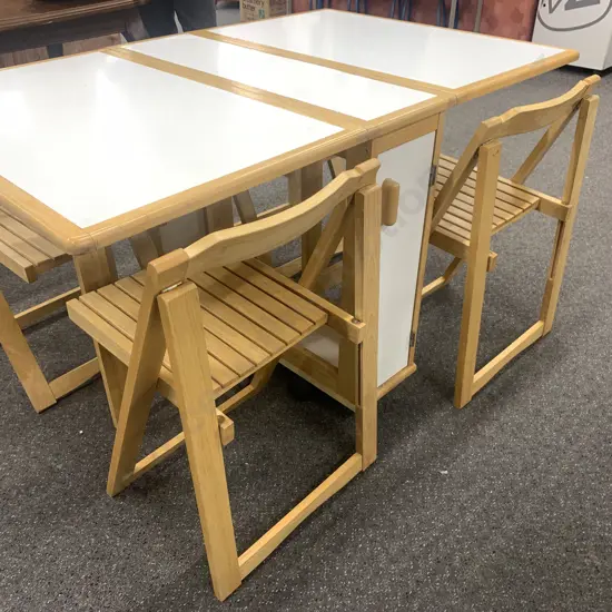 Folding Table Set Drop Leaf With Four Chairs On Castors White With Wood Detail