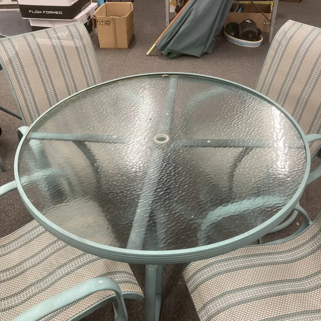 Namco Outdoor Round Glass Topped Table With 4 Armed Swivel Chairs, Dia108cm Image 1++