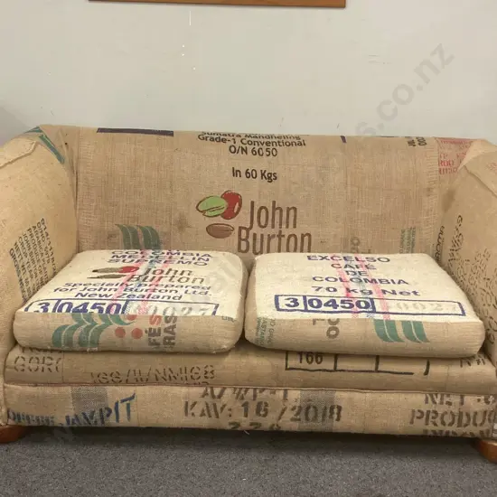 Retro Rolled Arm Couch Upholstered With Coffee Bean Sacking, Wooden Feet, L204cm