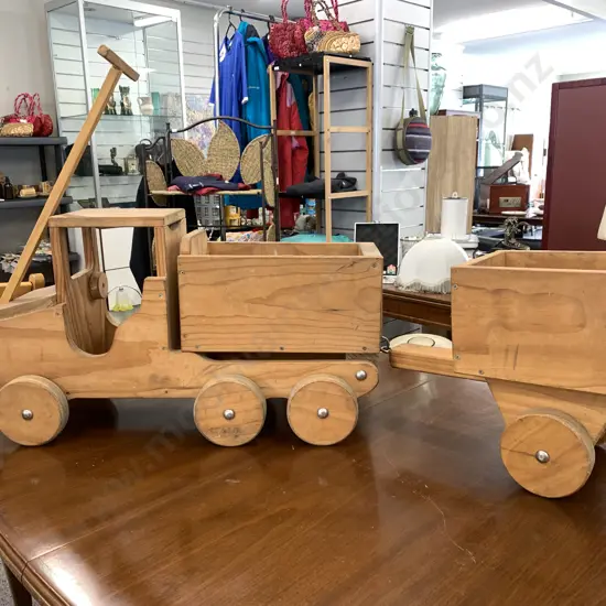Large Vintage Kids Pull Along Wooden Tip Truck, 42 x 75.5cm, With Trailer, 35 x 47cm