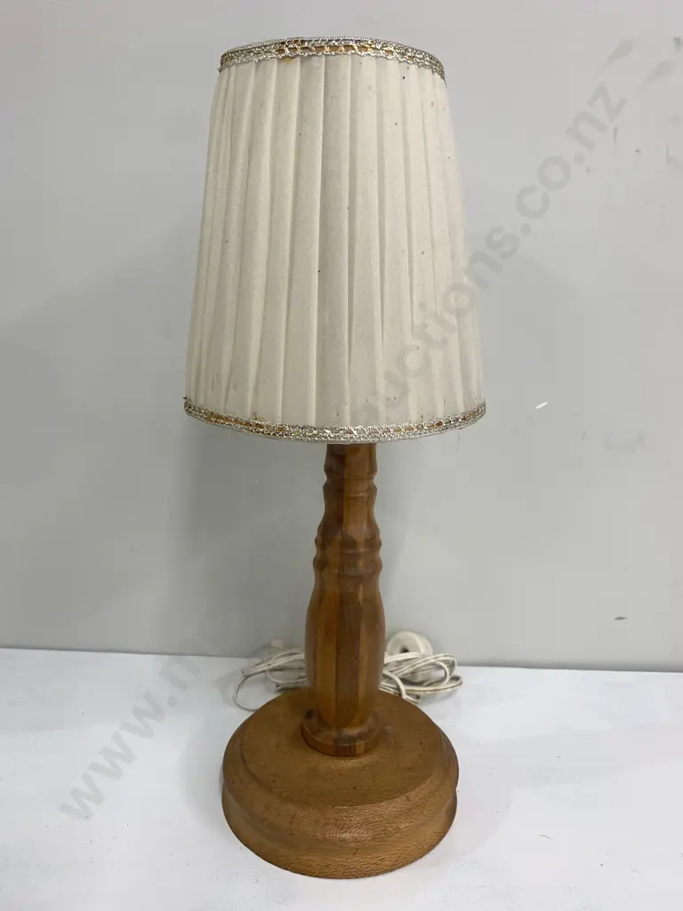 Vintage Table Lamp Round Wooden Base With Cream Pleated Shade H43cm Image 1++