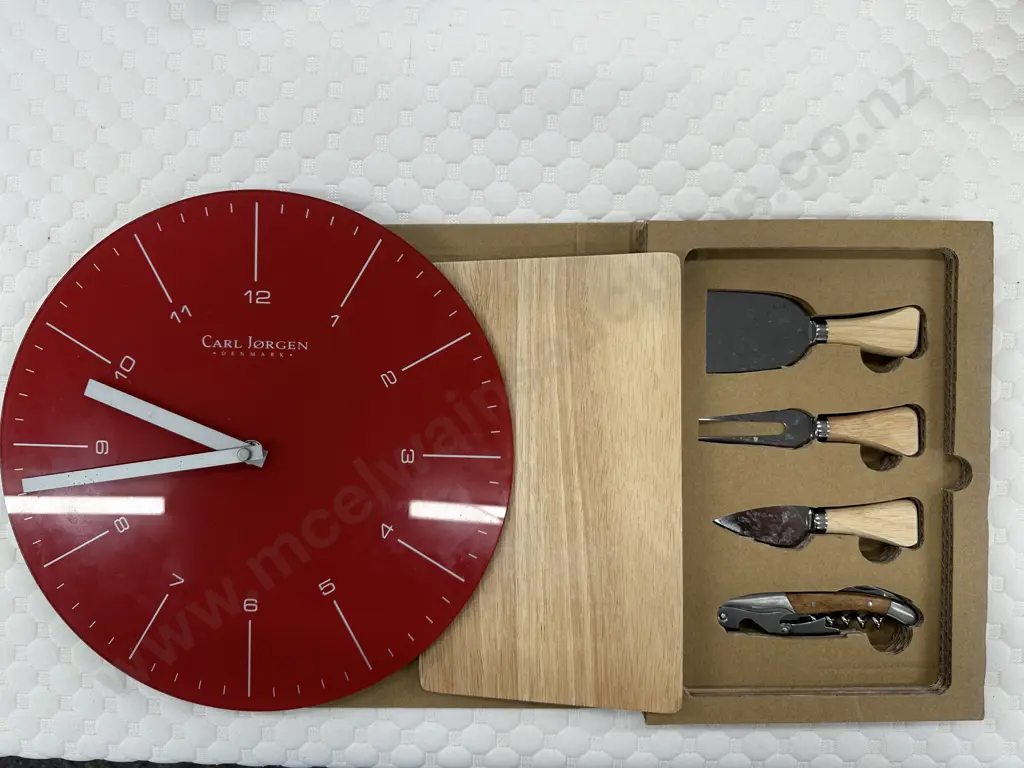 Boxed Cheese Board Set & Red Carl Jorgen Wall Clock Image 1++