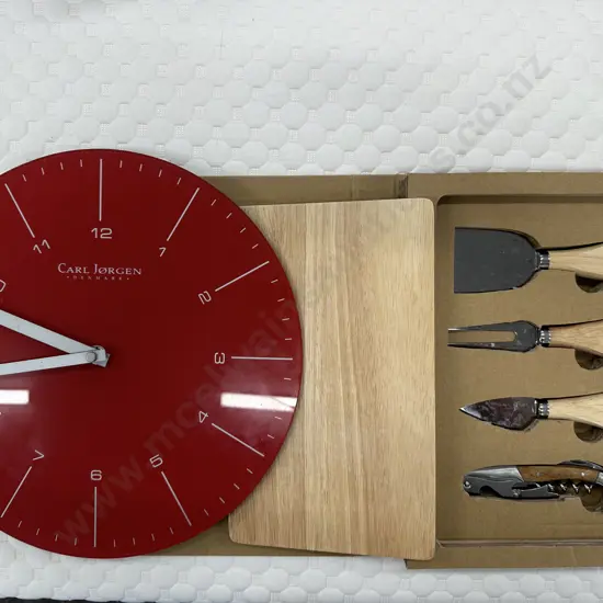 Boxed Cheese Board Set & Red Carl Jorgen Wall Clock