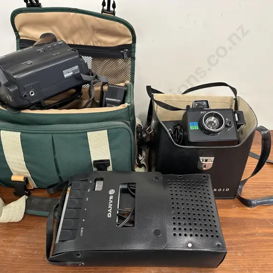 Vintage Items, Sony Handycam Video8 In Case, Sanyo Tape Deck, Polaroid Camera In Case