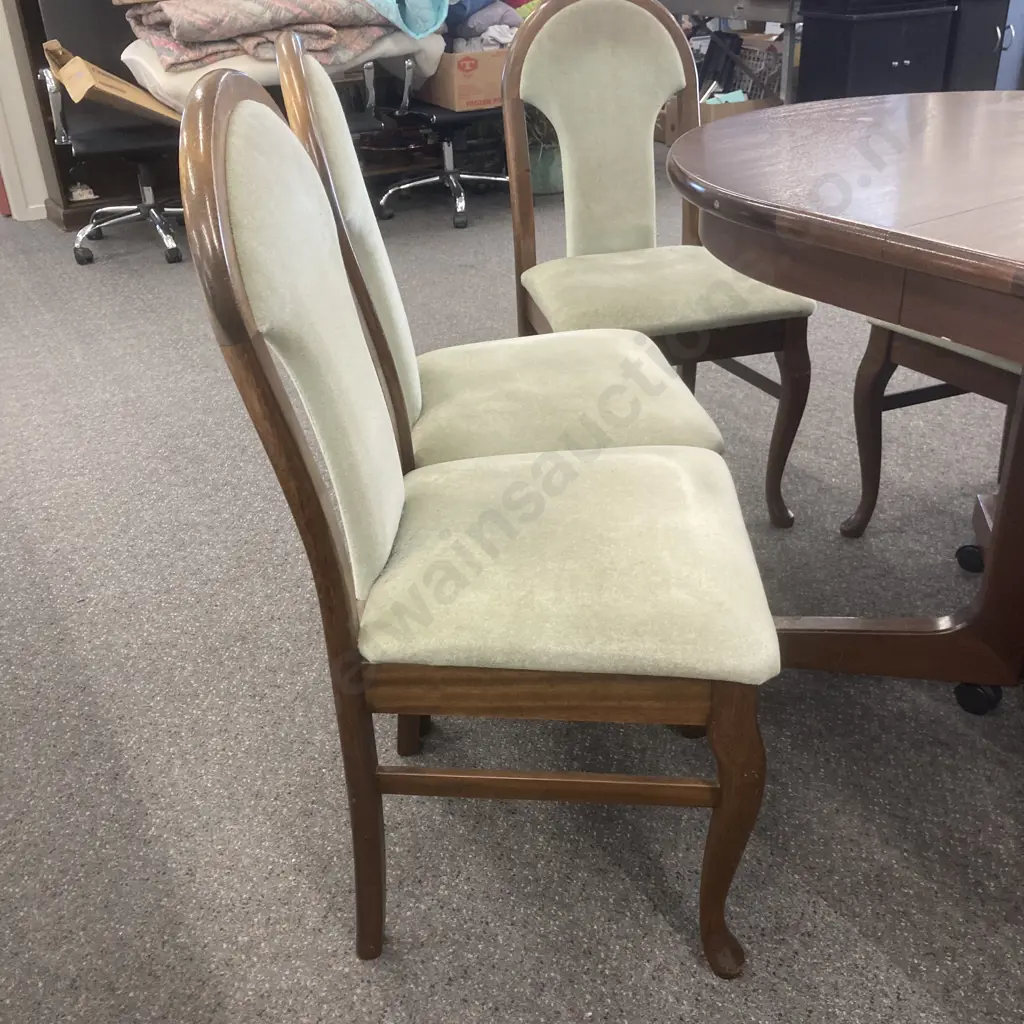 Oval Mahogany Mid Century Double Extension Dining Table With 6 Queen Anne Style Sage Draylon Fabric Image 1++