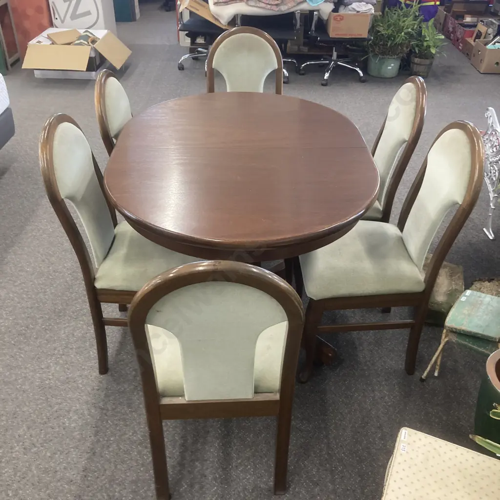 Oval Mahogany Mid Century Double Extension Dining Table With 6 Queen Anne Style Sage Draylon Fabric Image 1++