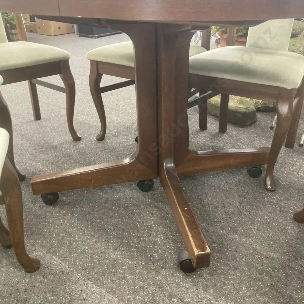 Oval Mahogany Mid Century Double Extension Dining Table With 6 Queen Anne Style Sage Draylon Fabric Image 1++