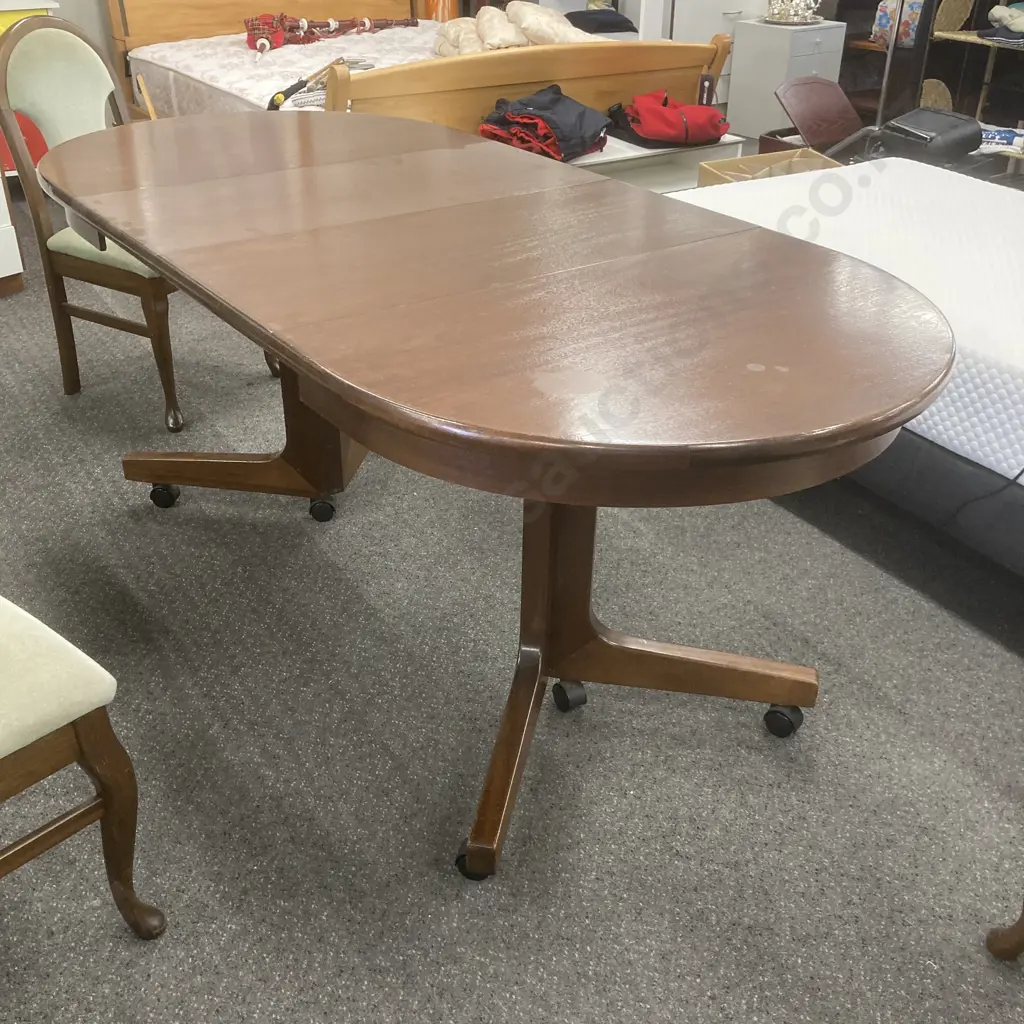 Oval Mahogany Mid Century Double Extension Dining Table With 6 Queen Anne Style Sage Draylon Fabric Image 1++