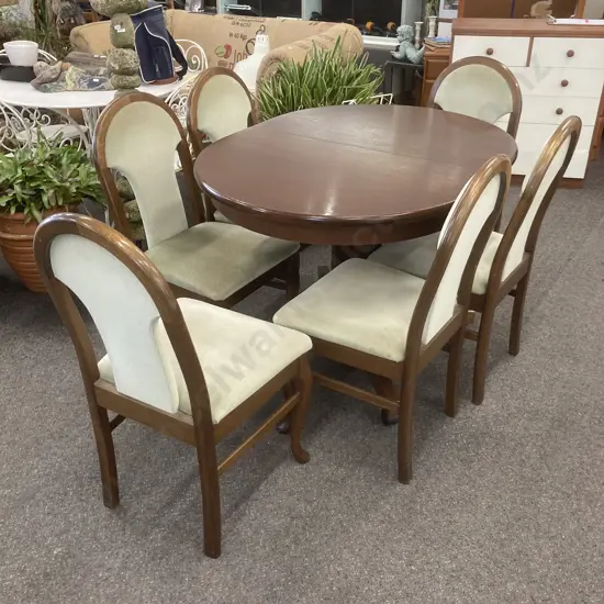 Oval Mahogany Mid Century Double Extension Dining Table With 6 Queen Anne Style Sage Draylon Fabric