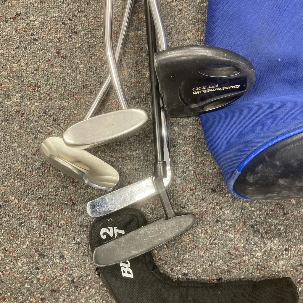 Lot of 5 Assorted Golf Putters & Bag, Evans Golf Bob Charles, Tarantula, Mizuno, Brosnan Rhino & CustomBuilt P100 Image 1++