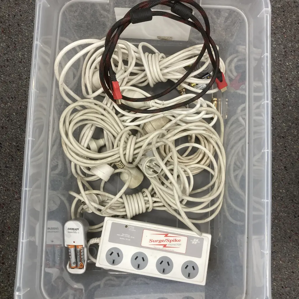 Bin of Power Extension Leads, Battery Charger & Batteries, Surge / Spike Protector, HDMI Lead, Etc Image 1++