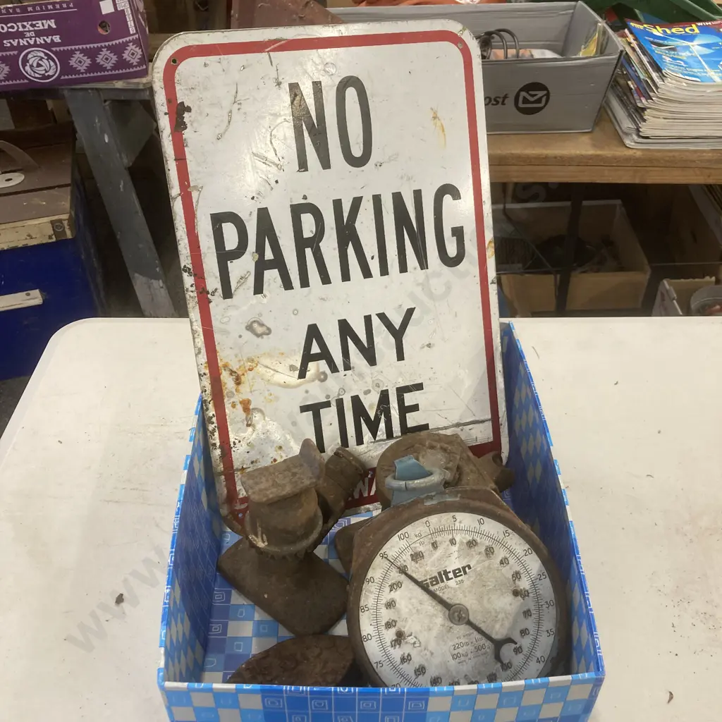 Box Lot No Parking Zone Sign, Salter Scales, Part Jacks, Sad Iron Base Image 1++