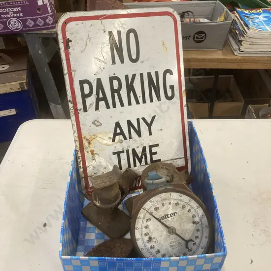 Box Lot No Parking Zone Sign, Salter Scales, Part Jacks, Sad Iron Base
