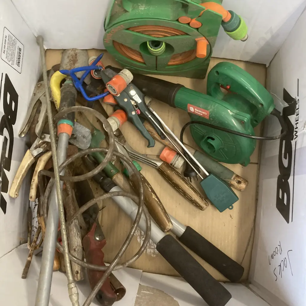 Box Lot Garden Hose, Blower, Pruners, Garden Tools Etc Image 1++