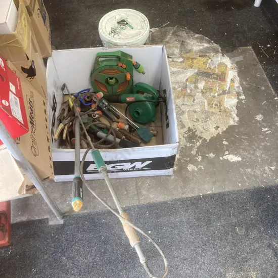Box Lot Garden Hose, Blower, Pruners, Garden Tools Etc