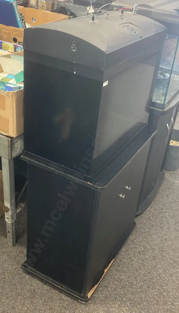 Glass Fish Tank Painted Black On 2 Door Stand. LED Lights, H114 W58 D30cm (As Found) Image 1++