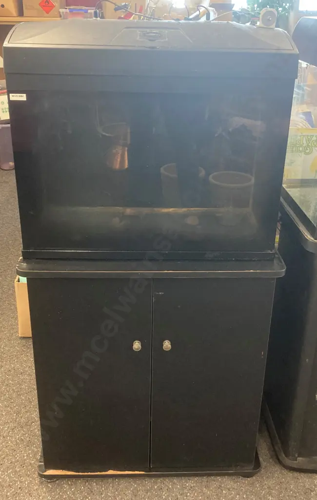 Glass Fish Tank Painted Black On 2 Door Stand. LED Lights, H114 W58 D30cm (As Found) Image 1++