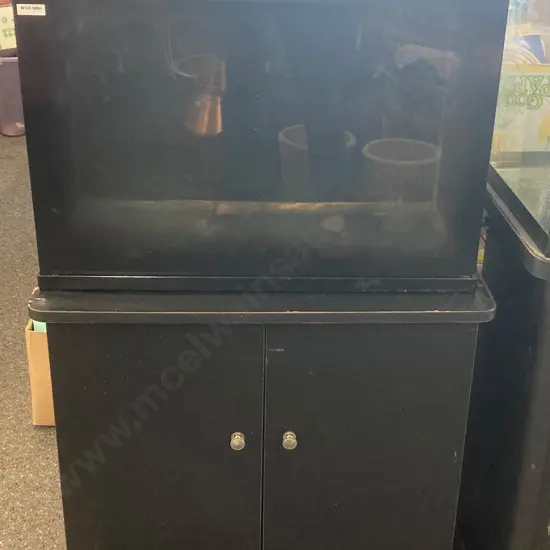 Glass Fish Tank Painted Black On 2 Door Stand. LED Lights, H114 W58 D30cm (As Found)