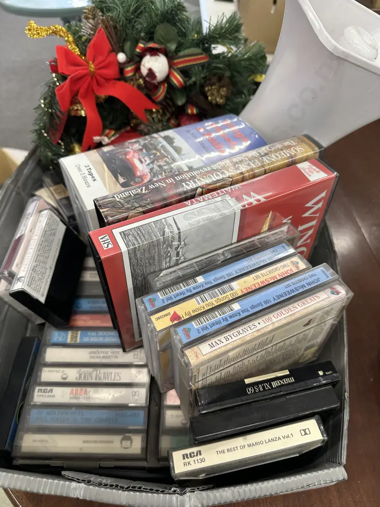 Box of Horn Speaker, Xmas Decorations, Cassette Tapes & Videos( Donated As Unable to Sell ) Image 1++