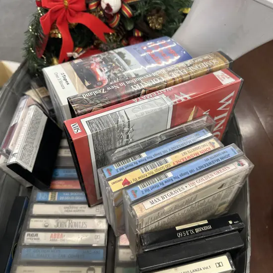 Box of Horn Speaker, Xmas Decorations, Cassette Tapes & Videos( Donated As Unable to Sell )