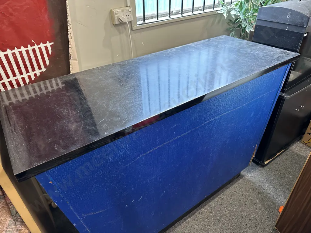 Reception Counter Blue Base Black Top With Drawer H93cm, L145cm,D55cm. Image 1++