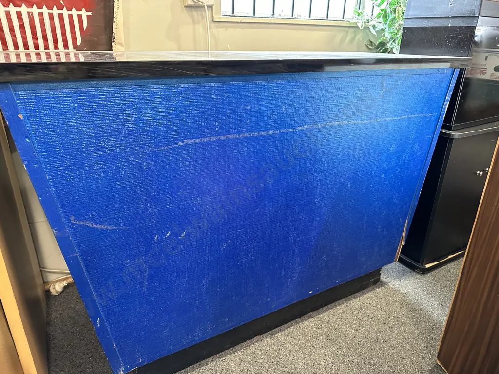 Reception Counter Blue Base Black Top With Drawer H93cm, L145cm,D55cm. Image 1++