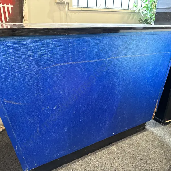 Reception Counter Blue Base Black Top With Drawer H93cm, L145cm,D55cm.