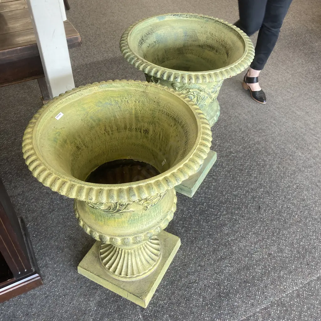 Pair of Cast Iron Classical Style Ornate Garden Urns, Italian Verdigris, 76.5 x 56cm, 72Kg Image 1++