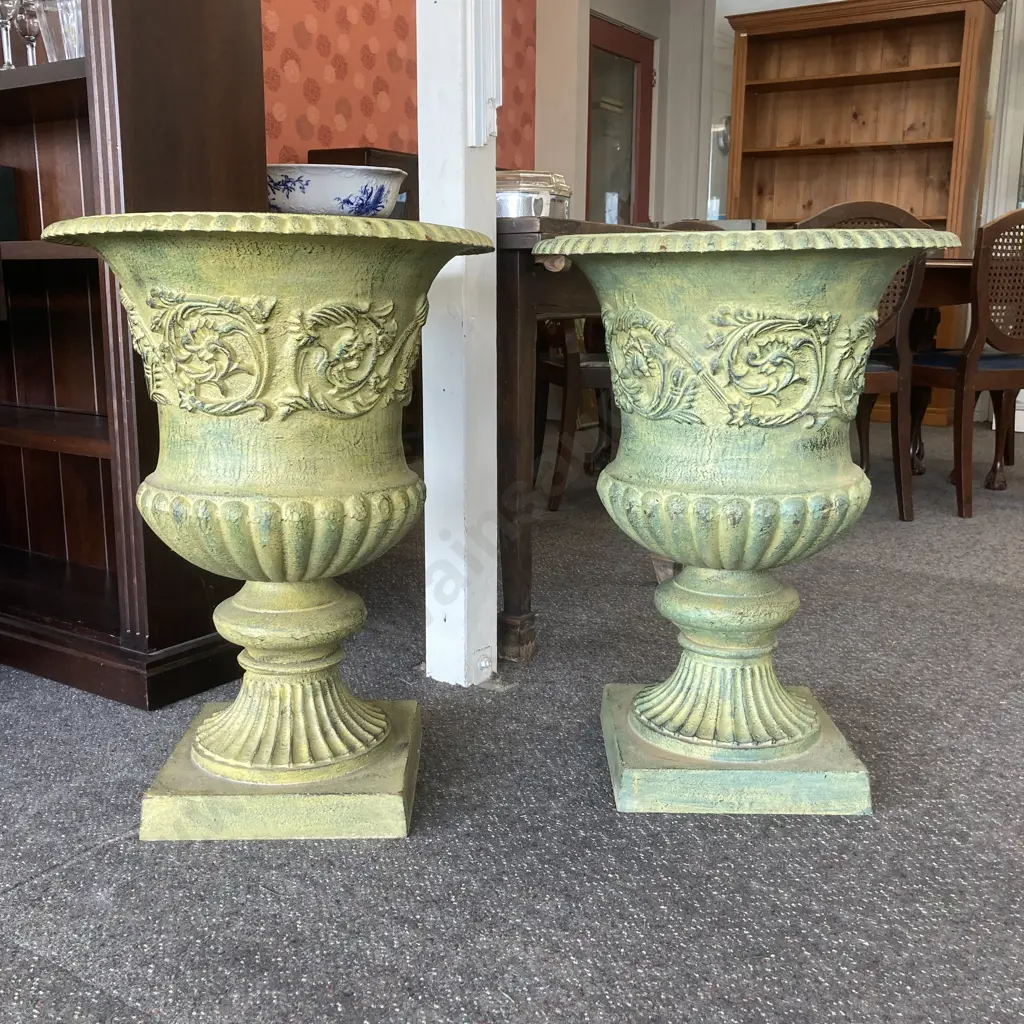 Pair of Cast Iron Classical Style Ornate Garden Urns, Italian Verdigris, 76.5 x 56cm, 72Kg Image 1++