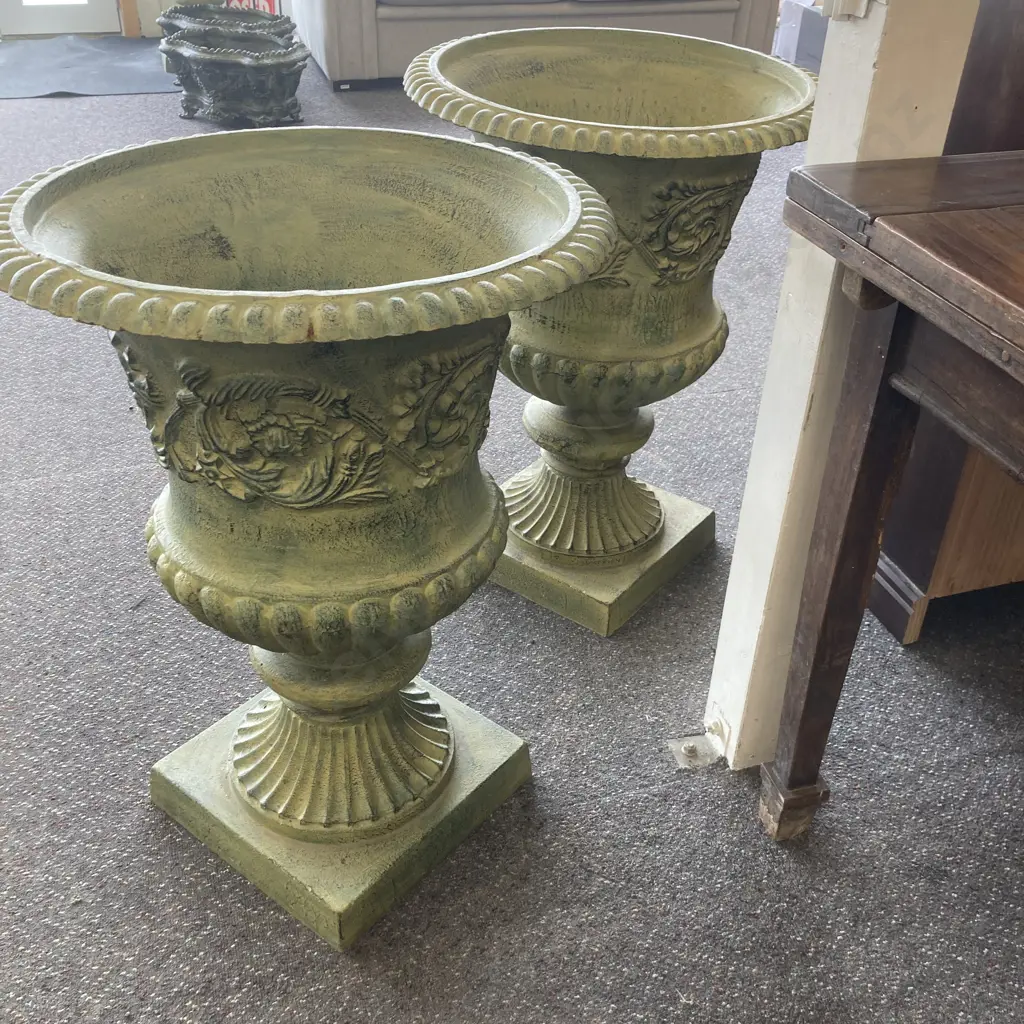 Pair of Cast Iron Classical Style Ornate Garden Urns, Italian Verdigris, 76.5 x 56cm, 72Kg Image 1++