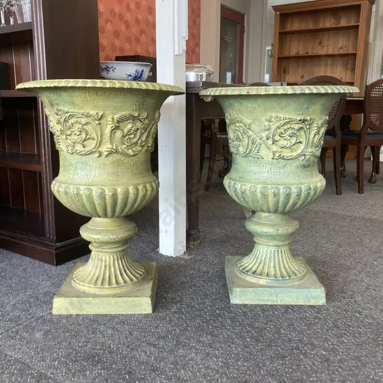 Pair of Cast Iron Classical Style Ornate Garden Urns, Italian Verdigris, 76.5 x 56cm, 72Kg
