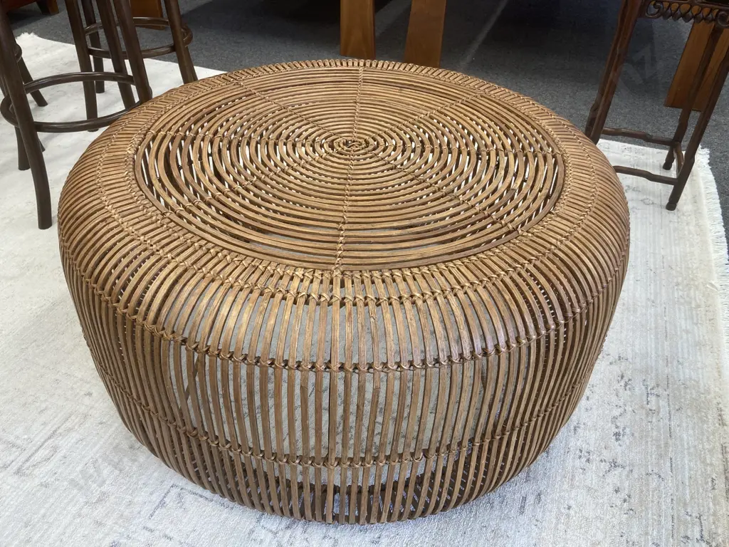 Modern Minimalist Style Round Coffee Table, Circular Detailed Hand Woven Rattan, 40 x 82cm (New Price $529) Image 1++
