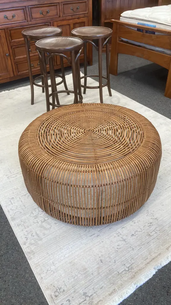 Modern Minimalist Style Round Coffee Table, Circular Detailed Hand Woven Rattan, 40 x 82cm (New Price $529) Image 1++