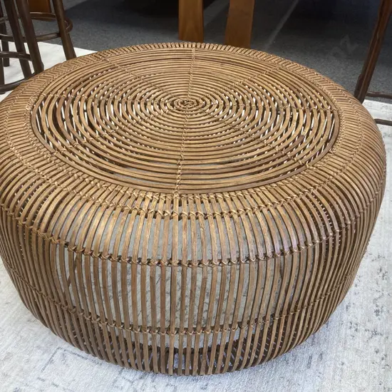Modern Minimalist Style Round Coffee Table, Circular Detailed Hand Woven Rattan, 40 x 82cm (New Price $529)