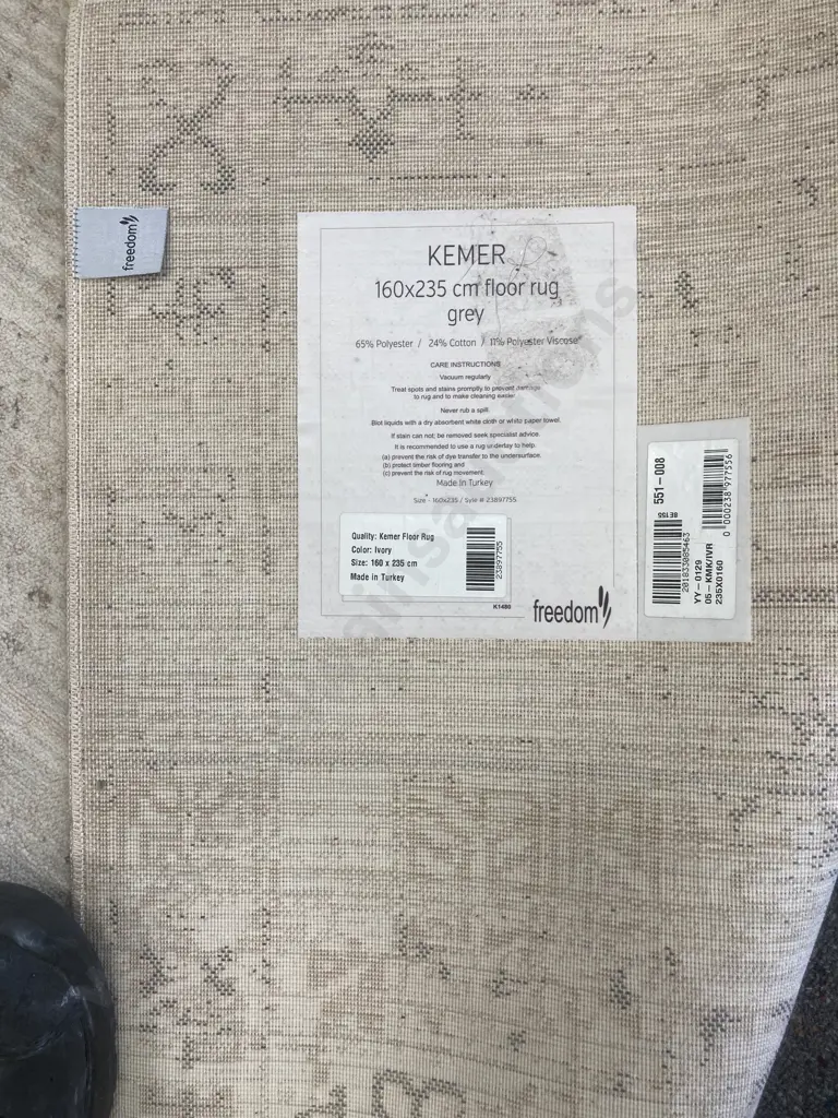 Floor Rug - Kemev Ex Freedom Furniture, Cream With Grey Detail, 160 x 235cm Image 1++