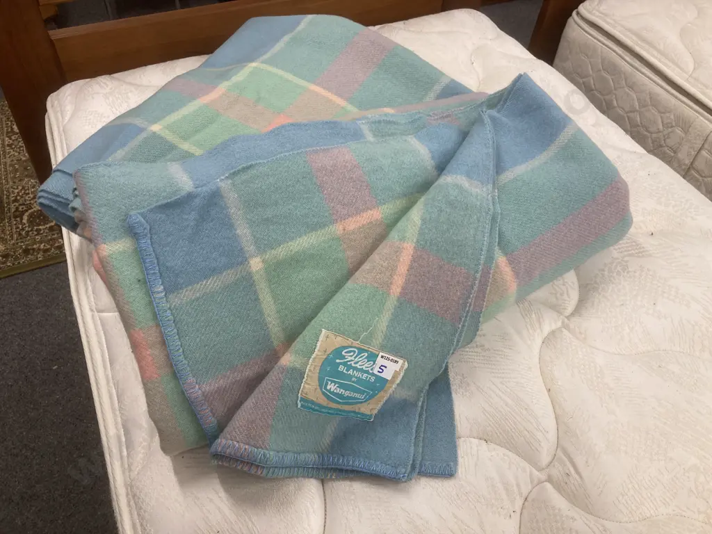 Pair of Single Woollen Fleeso By Wanganui Blankets, Blue / Green / Pink Tones Image 1++