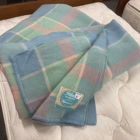 Pair of Single Woollen Fleeso By Wanganui Blankets, Blue / Green / Pink Tones