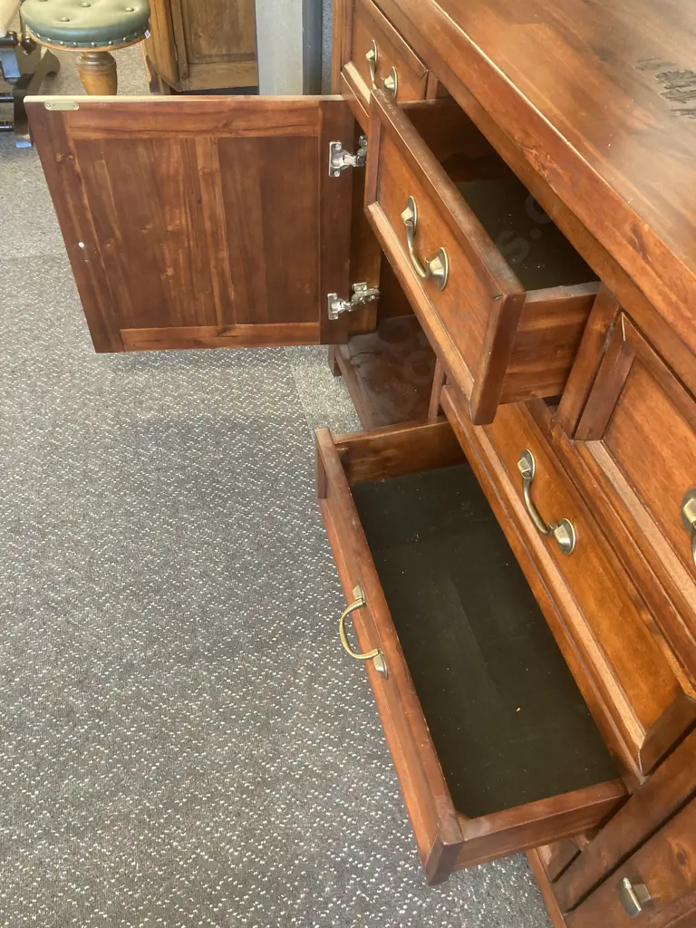 Solid Wood Buffet, Brass Drop Handles, 7 Drawer, 2 Door, H90 L180 D57cm Image 1++