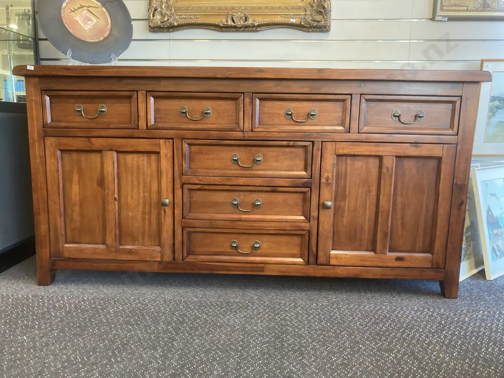 Solid Wood Buffet, Brass Drop Handles, 7 Drawer, 2 Door, H90 L180 D57cm Image 1++