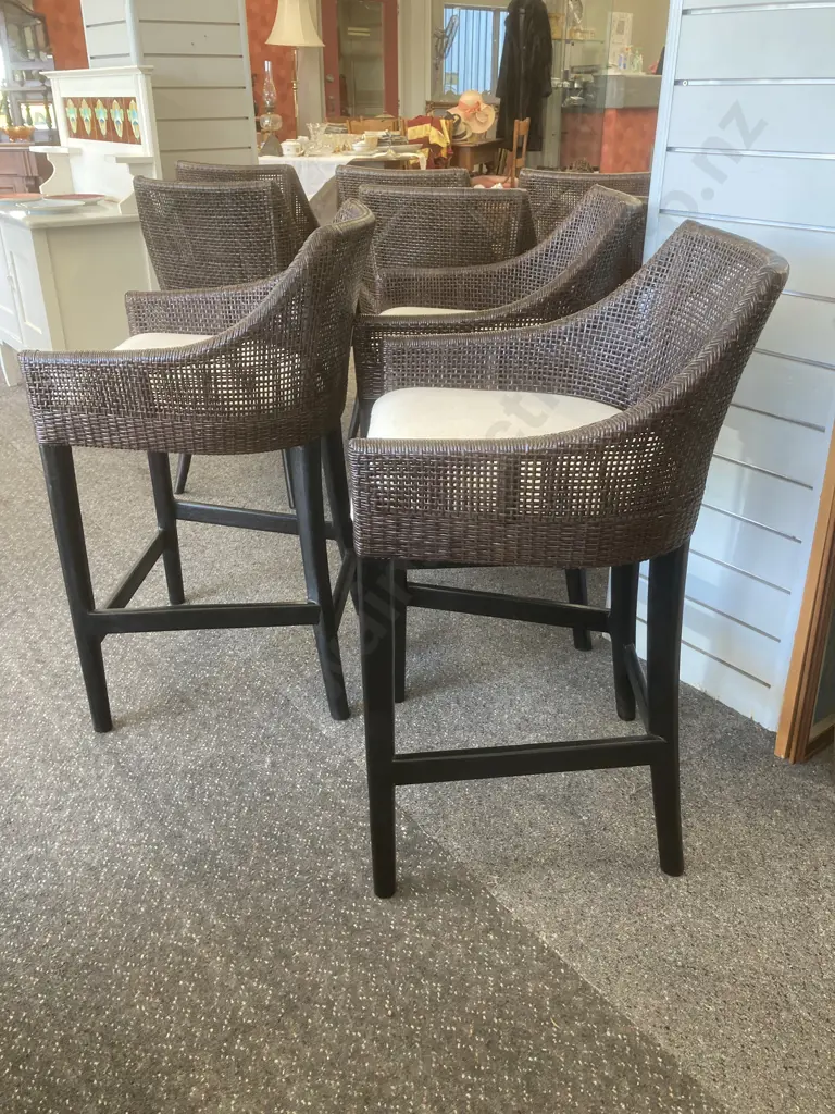 Set of Three Curved Back Woven Brown Rattan Barstools Image 1++