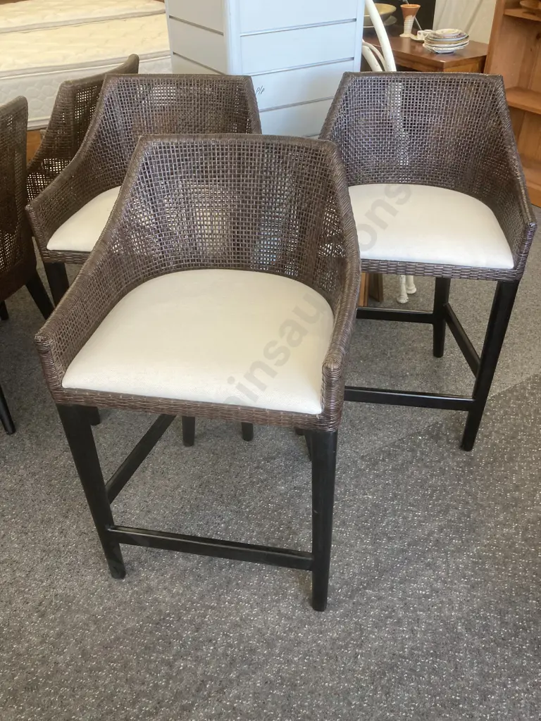 Set of Three Curved Back Woven Brown Rattan Barstools Image 1++
