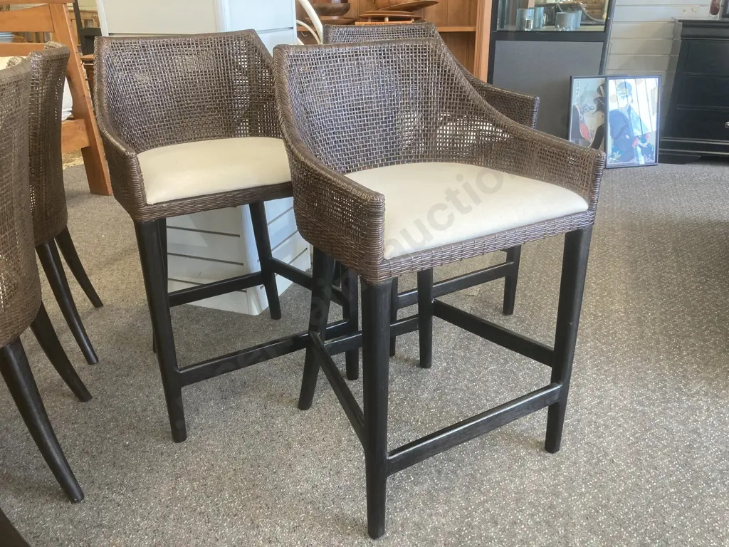 Set of Three Curved Back Woven Brown Rattan Barstools Image 1++