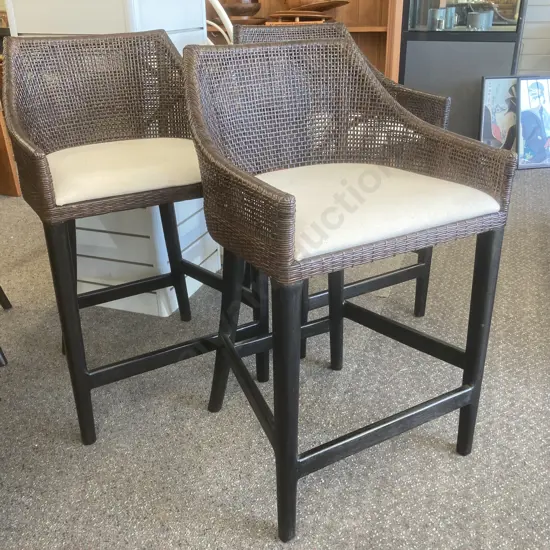 Set of Three Curved Back Woven Brown Rattan Barstools