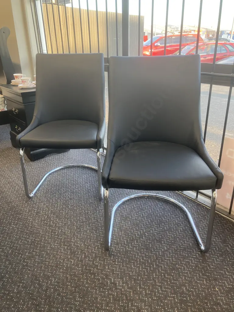 Pair Of Insato Furniture Modernised Dining Chairs Black Leather Look With Chrome Base Image 1++