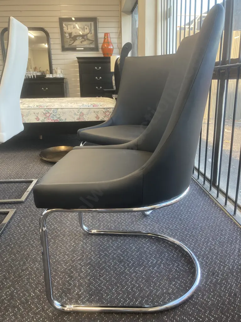 Pair Of Insato Furniture Modernised Dining Chairs Black Leather Look With Chrome Base Image 1++