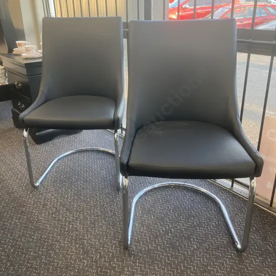 Pair Of Insato Furniture Modernised Dining Chairs Black Leather Look With Chrome Base