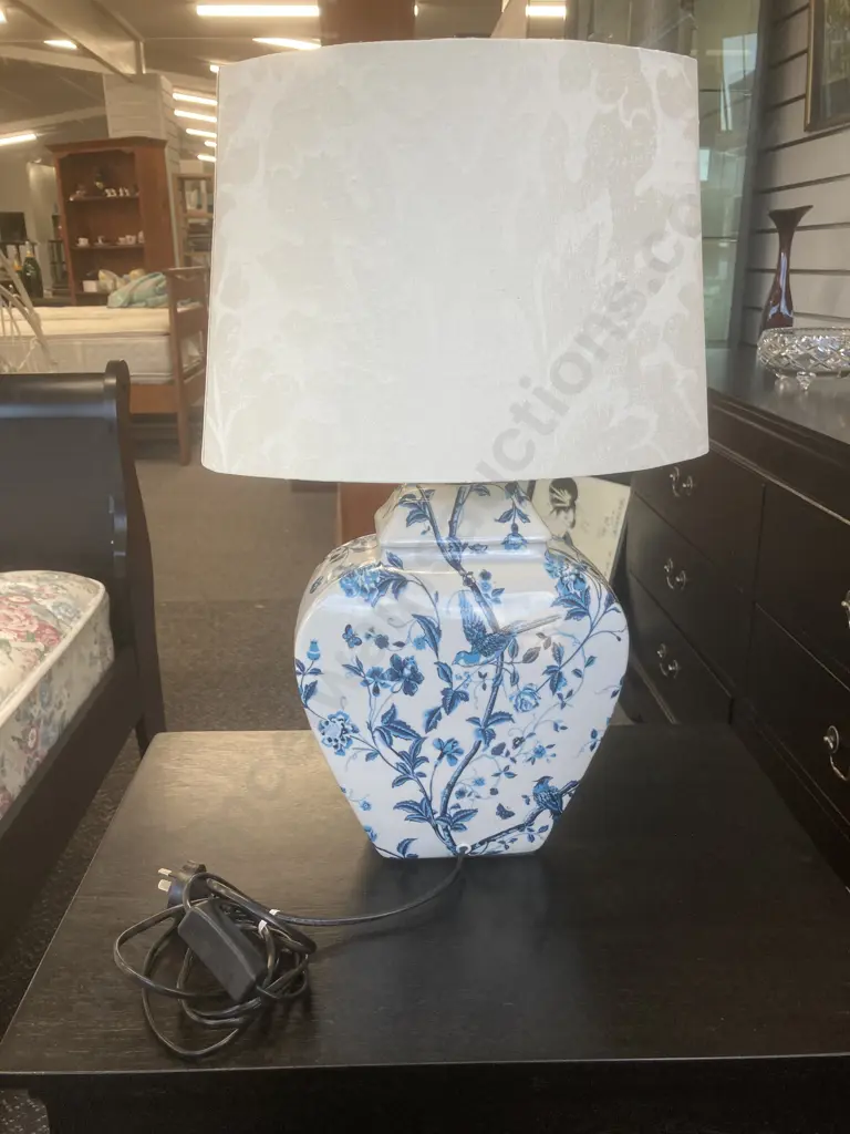 Recollections Table Lamp, Cream Shade On A Blue / Cream Base With Floral / Bird Detail, Image 1++